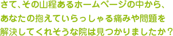 さて、その山程あるホームページの中から、あなたの抱えていらっしゃる痛みや問題を解決してくれそうな院はみつかりましたが？